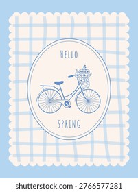 Cute rustic style card bicycle and basket of flowers. Soft blue background, wavy stripes, and hand drawn Provencal vintage style illustration. Template for postcard, cover, invitation
