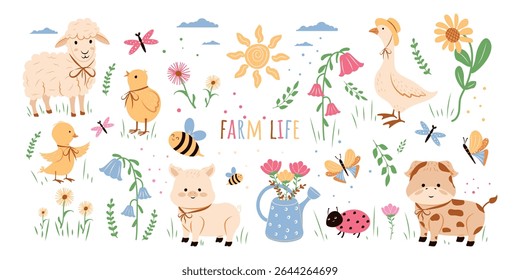 Cute rustic style illustrations. Hand-drawn flowers, animals and insects. Gardening, farming, and rural lifestyle. Vector flat illustration.