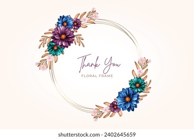 Cute rustic watercolor floral frame with golden circle background