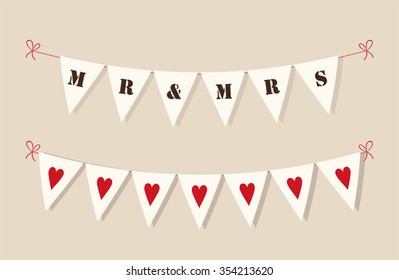 Cute rustic wedding bunting flags with hearts and letters