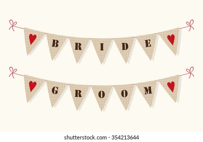 Cute rustic wedding bunting flags with hearts and letters