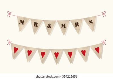 Cute rustic wedding bunting flags with hearts and letters