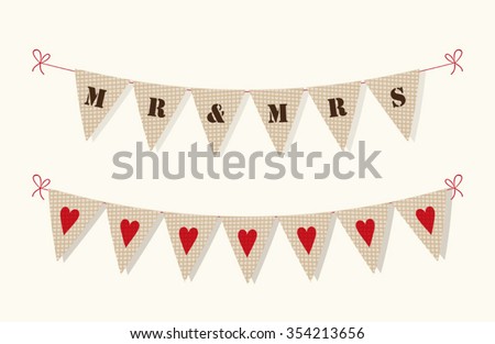 Cute rustic wedding bunting flags with hearts and letters