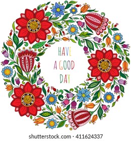 Cute rustic wreath with hand drawn flowers and hand written text Have a Nice Day, can be used as greeting card or as shopping bag print