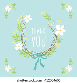 Cute rustic wreath with hand drawn flowers and hand written text Thank You, can be used as greeting card or as shopping bag print