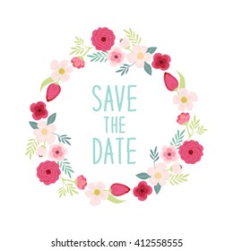 Cute rustic wreath with hand drawn flowers and hand written text Save the Date