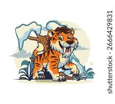 Cute Sabertooth tiger extinct animal Character Mascot in Cartoon Illustration