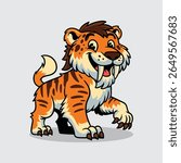 Cute Sabertooth tiger smilodon extinct animal Character Mascot in Vector Cartoon Illustration