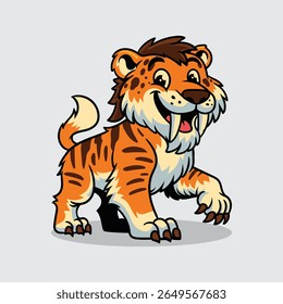 Personagem Mascote animal extinto de tigre de sabertooth bonito na ilustração de desenhos animados vetoriais