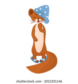 Cute sable character in sleeping hat isolated vector illustration.