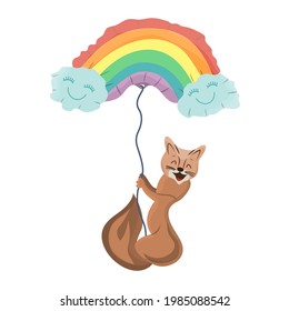 Cute sable fly in balloon in shape of lgbt rainbow. Joyful pet character flies. Smilling sable. First pet for children. Cute vector cartoon illustration on white background