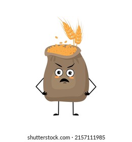 Cute sack of wheat and ear character with angry emotions, grumpy face, furious eyes, arms and legs. Cereal crop with irritated facial expression and pose. Vector flat illustration