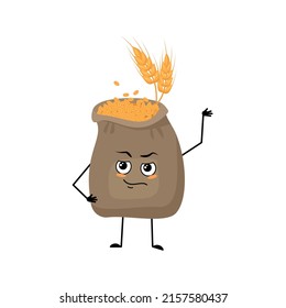 Cute sack of wheat and ear character with emotions of hero, brave face, arms and leg. Cereal crop with courage facial expression and pose. Vector flat illustration