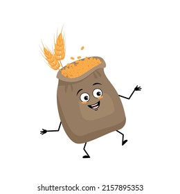 Cute sack of wheat and ear character with joyful emotions, happy face, smile eyes, arms and legs. Cereal crop with funny facial expression and pose. Vector flat illustration