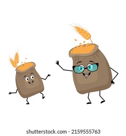Cute sack of wheat and ear character with glasses and grandchild dancing with happy emotion, smile eyes, arms and legs. Cereal crop with funny facial expression and pose. Vector flat illustration