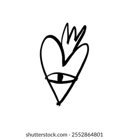 Coração sagrado bonito preto grunge escova vetor mão desenhado símbolo com rosto olho e cauda de ilustração clipart. Símbolo do amor Valentine. Elemento de decoração para logotipo, etiqueta, emblema, cartaz, cartão postal, adesivo de unha