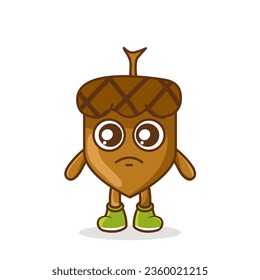 Cute sad acorn fruit character, acorn character with sad emotion, face, depressive eyes