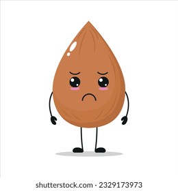 Cute sad almond character. Funny unhappy almond cartoon emoticon in flat style. vegetable emoji vector illustration