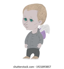 
Cute sad angel in a sweater and with a backpack - vector illustration.