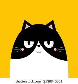 Cute sad angry cat face head. Funny kitten. Black White silhouette icon. Kawaii pet animal. Happy Halloween. Cartoon funny baby character. Childish style. Flat design. Yellow background. Vector