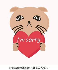 Cute sad apologetic cat with a red heart with the inscription I'm sorry. vector illustration. Vector isolated typography design element for greeting cards, posters and print invitations.