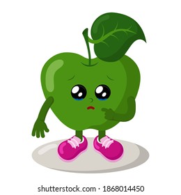 Cute sad apple in sneakers with big eyes and tears. Colorful kawaii fruit emoticon with pitying look. Isolated vector illustration.