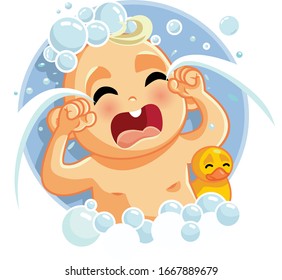 Cute Sad Baby Crying at Bath Time. Funny little infant in tears bathing playing with shampoo foam
