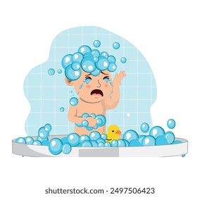 Cute Sad Baby Crying at Bath Time. Funny little infant in tears bathing playing with shampoo foam.
