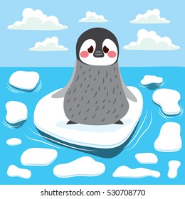 Cute sad baby penguin lost alone on melting iceberg global warming concept