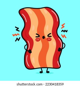 Cute sad bacon character. Vector hand drawn cartoon kawaii character illustration icon. Isolated on blue background. Angry cute bacon character concept