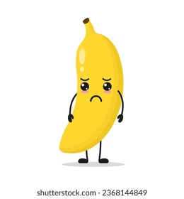 Cute sad banana character. Funny unhappy fruit cartoon emoticon in flat style. food vector illustration