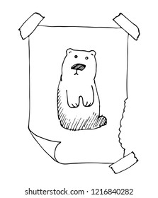 Cute sad bear vector drawing or outline illustration. Hand drawn child teddy isolated on white background