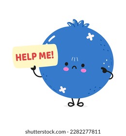 Cute sad Blueberry pide personalidad de ayuda. Caricatura dibujada a mano del vector icono de ilustración del personaje kawaii. Aislado sobre fondo blanco. Sufriendo el insalubre concepto del personaje del arándano azul