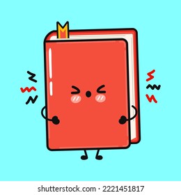 Un triste personaje de libro. Caricatura dibujada a mano del vector icono de ilustración del personaje kawaii. Aislado sobre fondo azul. Enfadado concepto de personaje de libro lindo