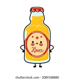 Cute sad bottle of beer character. Vector hand drawn cartoon kawaii character illustration icon. Isolated on white background. Bottle of beer character concept
