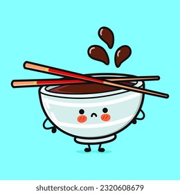 Cute sad Bowl of soy sauce character. Vector hand drawn cartoon kawaii character illustration icon. Isolated on blue background. Angry cute Bowl of soy sauce character concept
