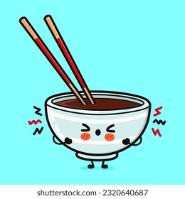 Cute sad Bowl of soy sauce character. Vector hand drawn cartoon kawaii character illustration icon. Isolated on blue background. Angry cute Bowl of soy sauce character concept