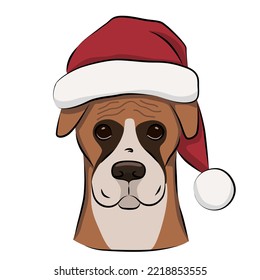 Cute Sad Boxer Dog In Red Hat. Funny Christmas Greetings