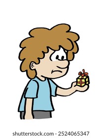 Cute sad boy cartoon character looking and holding in his hand a very small gift, present box with a red ribbon. Funny hand drawn vector illustration on white background.