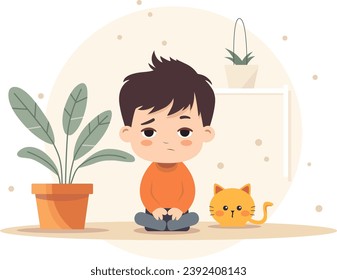Una triste y agradable ilustración de un niño sentado en la habitación con un gato y plantas interiores. Ilustración de estilo plano