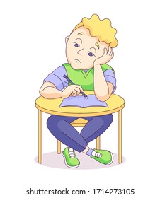 cute sad boy sits at class. tired unhappy student at college. lazy child at school passes exam or test or doing homework. isolated vector illustration on white. bored little schoolboy