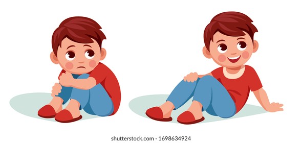 Cute sad boy sitting at home on floor with his head on his knees. Upset because he was bored or offended 
in a closed position. interested happy child opened, smiling.