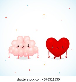 Cute sad brain and heart, logic and feel, cartoon characters.