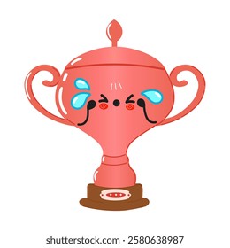 Cute Sad Bronze Trophy Cup Cartoon Character with Tears Expressing Emotion