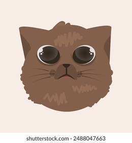 Cute sad brown cat head face icon flat