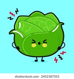 Cute sad Cabbage character. Vector hand drawn cartoon kawaii character illustration icon. Isolated blue background. Angry cute Cabbage character