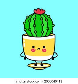 Caracter de cactus triste. Dibujo a mano vectorial dibujos animados kawaii diseño de iconos de ilustración. Aislado sobre fondo azul. Concepto de carácter de Cactus
