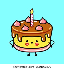Cute sad cake character. Vector hand drawn cartoon kawaii character illustration icon. Isolated on blue background. Cake character concept
