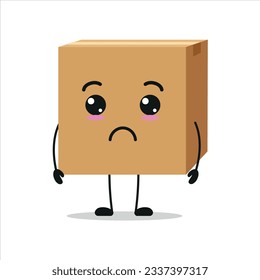 Carácter de caja de cartón triste. Funny e infeliz emoticono de dibujos animados en estilo plano. ilustración vectorial de emoticonos de cartón