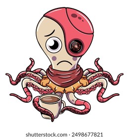 Un pulpo de dibujos animados lindo y triste con un ojo cyborg, con una bufanda, sostiene una taza de café. Ilustración para comics de fantasía, ciencia ficción y aventura